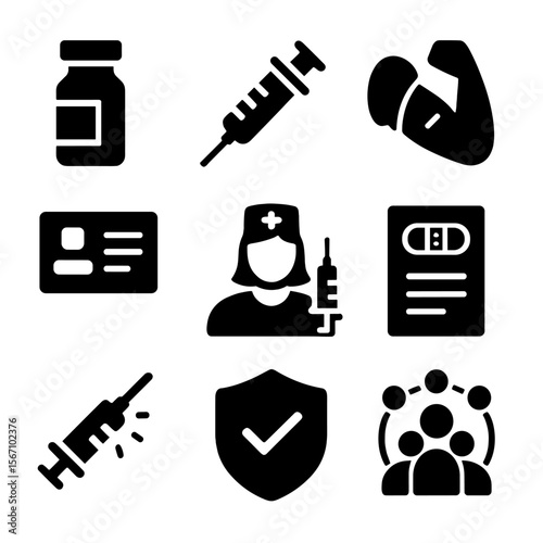 Vaccination Icons Grid. Solid, filled icon set of vaccination campaign: vaccine vial, syringe, injection arm, vaccination card,
