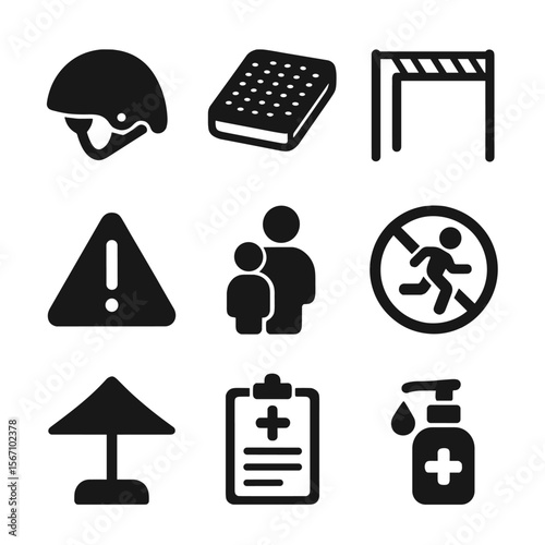 Playground Safety Icons. Solid, filled icons set of playground safety measures: helmet, safety mat, monkey
