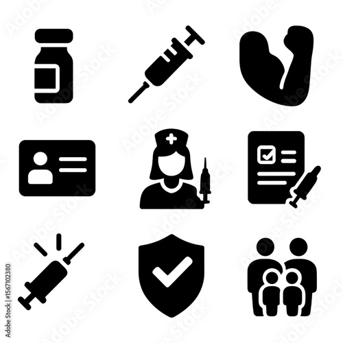 Vaccination Icons Grid. Solid, filled icon set of vaccination campaign: vaccine vial, syringe, injection arm, vaccination card,