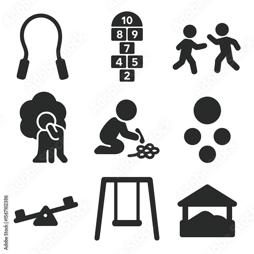 Playground Icon Set. Solid, filled icons set of outdoor playground games: jump rope, hopscotch pattern, tag