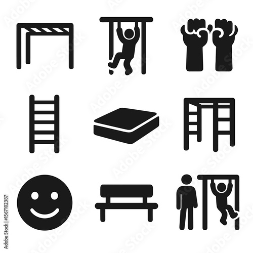 Playground Icons Set. Solid, filled icons set of monkey bars play: monkey bars structure, swinging child, grip