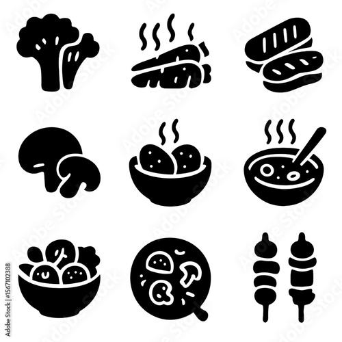 Vegetable Icon Grid. Solid, filled icon set of cooked vegetables: steamed broccoli, roasted carrots, grilled zucchini, sautéed