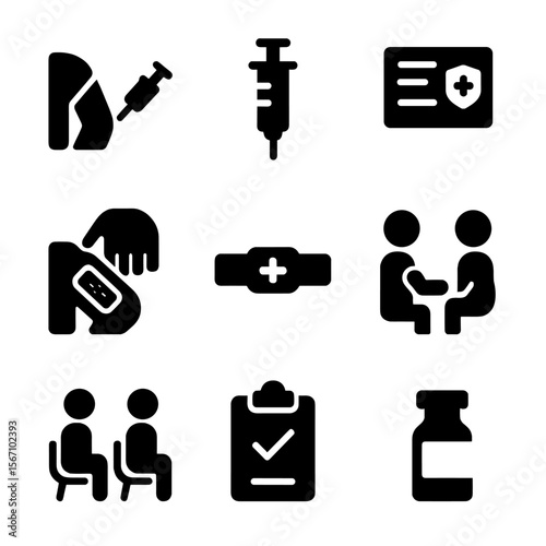 Vaccination Icon Set. Solid, filled icon set of vaccine administration: patient arm injection, syringe plunger, vaccination record