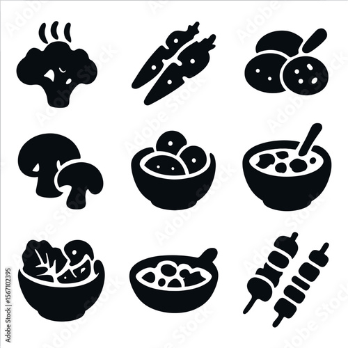 Vegetable Icon Grid. Solid, filled icon set of cooked vegetables: steamed broccoli, roasted carrots, grilled zucchini, sautéed