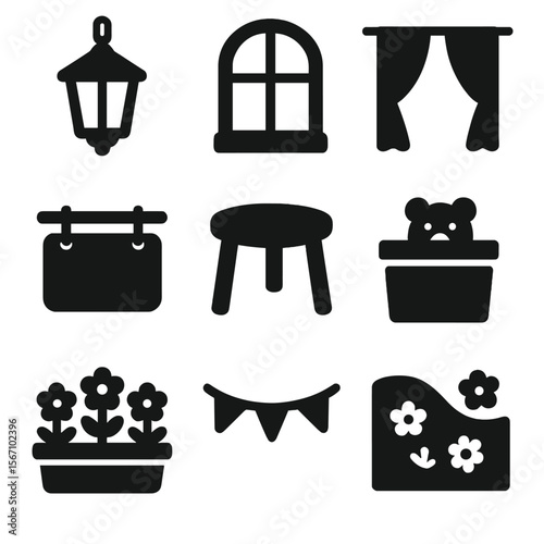 Playhouse Icons Set. Solid, filled icons set of playhouse decorations and accessories: hanging lantern, window