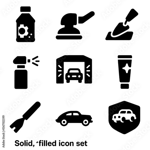 Vehicle and Jewelry Icons. Solid, filled icon set of vehicle restoration tasks: rust remover, sanding machine, body filler, primer