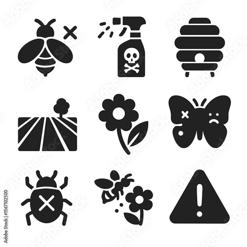 Pollinator Decline Icons. Solid, filled icons set of pollinator decline: bee with X, pesticide spray, empty