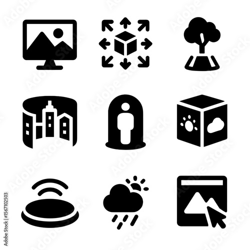 Virtual Environment Icons. Solid, filled icon set of virtual environments: digital landscape, 3D space, hologram tree, virtual