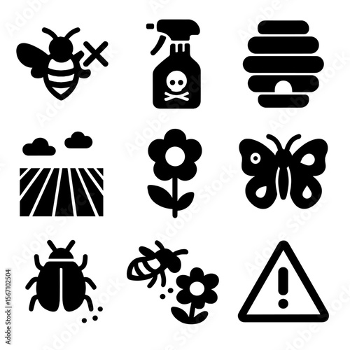 Pollinator Decline Icons. Solid, filled icons set of pollinator decline: bee with X, pesticide spray, empty