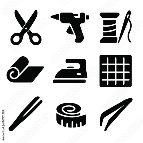 Vintage Sewing Tools Icons. Solid, filled icon set of vintage fabric flower tools: fabric scissors, glue gun, thread spool, needle