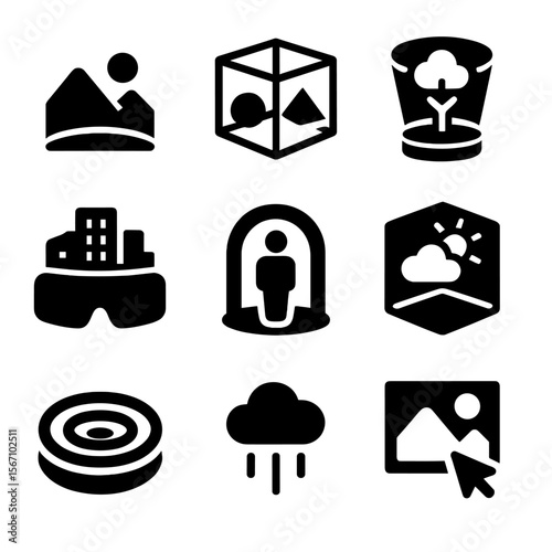 Virtual Environment Icons. Solid, filled icon set of virtual environments: digital landscape, 3D space, hologram tree, virtual
