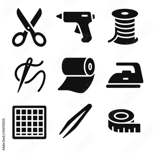 Vintage Sewing Tools Icons. Solid, filled icon set of vintage fabric flower tools: fabric scissors, glue gun, thread spool, needle