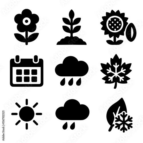 Pollinator Garden Seasons Icons. Solid, filled icons set of pollinator garden seasons: spring bloom, summer