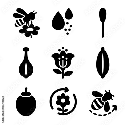 Pollination Process Icons. Solid, filled icons set of pollination process: bee on flower, pollen transfer,