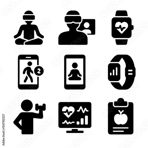 Virtual Fitness Icons. Solid, filled icon set of Virtual health and fitness: VR yoga, virtual trainer, heart rate monitor, step