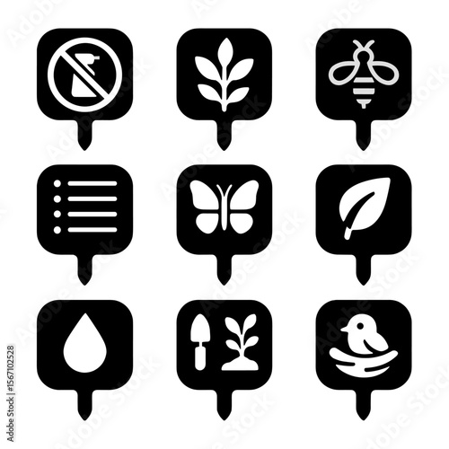 Pollinator Garden Icons. Solid, filled icons set of pollinator-friendly garden signs: no pesticides, native