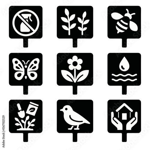 Pollinator Garden Icons. Solid, filled icons set of pollinator-friendly garden signs: no pesticides, native