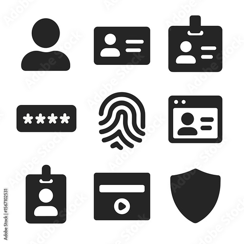 Virtual Identity Icons. Solid, filled icon set of virtual identity: avatar face, digital ID, username tag, password field,