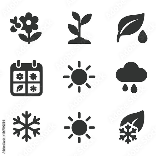 Pollinator Garden Seasons Icons. Solid, filled icons set of pollinator garden seasons: spring bloom, summer