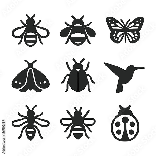 Pollinator Species Icons. Solid, filled icons set of pollinator species: honeybee, bumblebee, monarch