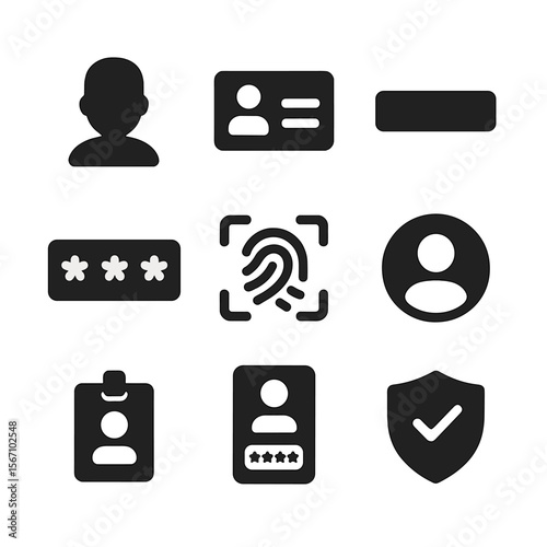 Virtual Identity Icons. Solid, filled icon set of virtual identity: avatar face, digital ID, username tag, password field,