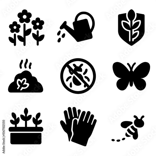 Pollinator-Friendly Icons. Solid, filled icons set of pollinator-friendly gardening: blooming flowers,
