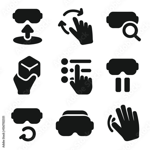 Virtual Reality Icons. Solid, filled icon set of Virtual reality actions: teleport, rotate view, zoom, grab object, point, menu