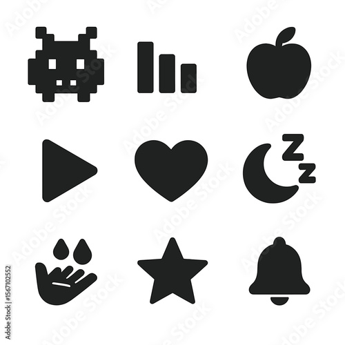 Virtual Pet Icons. Solid, filled icon set of virtual pet interfaces: pixel pet, status bar, hunger meter, play button, heart icon,
