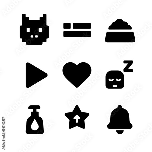 Virtual Pet Icons. Solid, filled icon set of virtual pet interfaces: pixel pet, status bar, hunger meter, play button, heart icon,