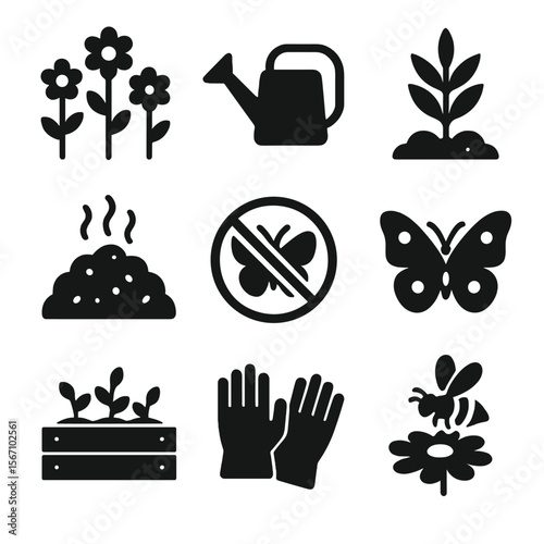Pollinator-Friendly Icons. Solid, filled icons set of pollinator-friendly gardening: blooming flowers,