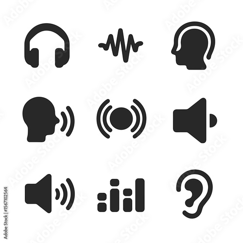 Virtual Sound Icons. Solid, filled icon set of virtual sound experience: 3D headphones, sound wave, binaural icon, echo icon,