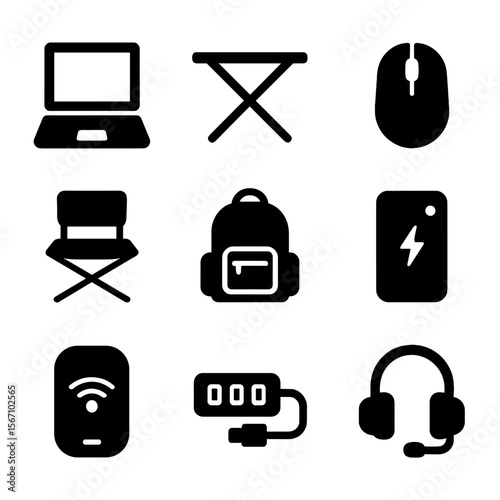 Portable Office Icons. Solid, filled icons set of portable office setups: laptop, folding desk, wireless mouse