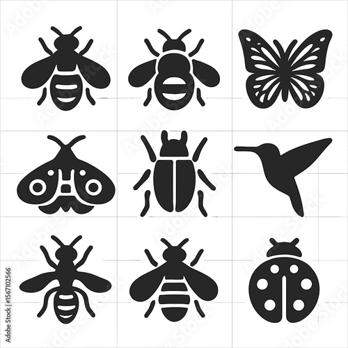 Pollinator Species Icons. Solid, filled icons set of pollinator species: honeybee, bumblebee, monarch