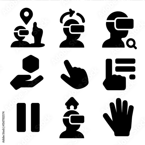 Virtual Reality Icons. Solid, filled icon set of Virtual reality actions: teleport, rotate view, zoom, grab object, point, menu