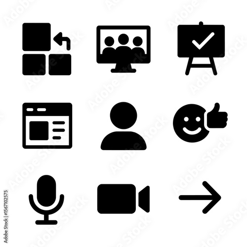 Virtual Team Icon Set. Solid, filled icon set of virtual team spaces: breakout room, group video, shared canvas, project room,