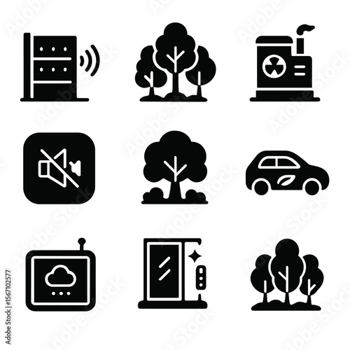 Pollution Solutions Icons. Solid, filled icons set of air and noise pollution solutions: noise barrier, urban