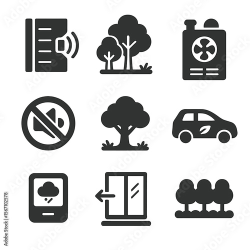 Pollution Solutions Icons. Solid, filled icons set of air and noise pollution solutions: noise barrier, urban