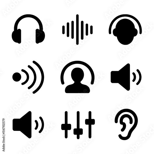 Virtual Sound Icons. Solid, filled icon set of virtual sound experience: 3D headphones, sound wave, binaural icon, echo icon,