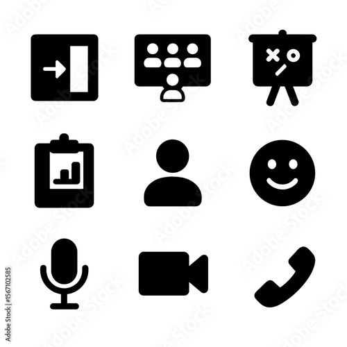 Virtual Team Icon Set. Solid, filled icon set of virtual team spaces: breakout room, group video, shared canvas, project room,