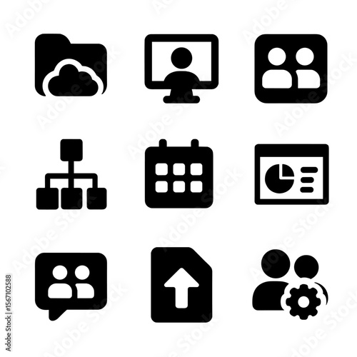 Virtual Workspace Icons. Solid, filled icon set of virtual workspace: cloud folder, remote desktop, shared screen, workflow app,