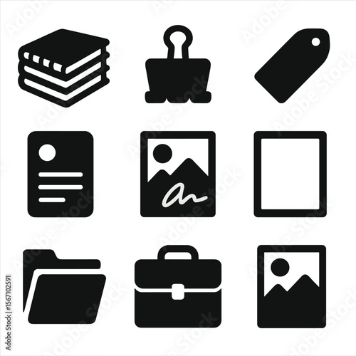 Portfolio Icon Set. Solid, filled icons set of portfolio creation and organization: sketchbook stack, binder