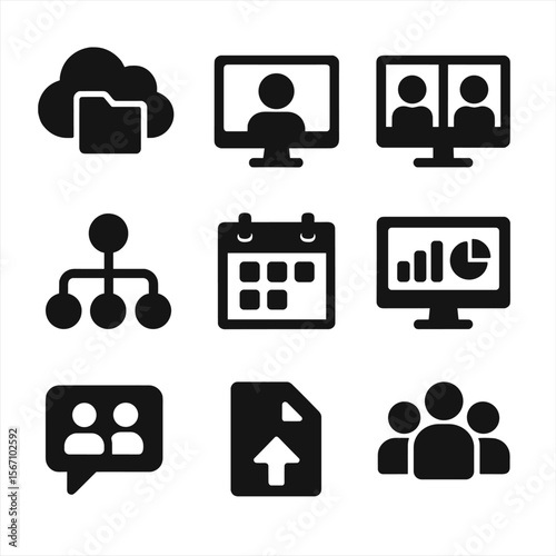 Virtual Workspace Icons. Solid, filled icon set of virtual workspace: cloud folder, remote desktop, shared screen, workflow app,