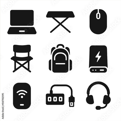 Portable Office Icons. Solid, filled icons set of portable office setups: laptop, folding desk, wireless mouse