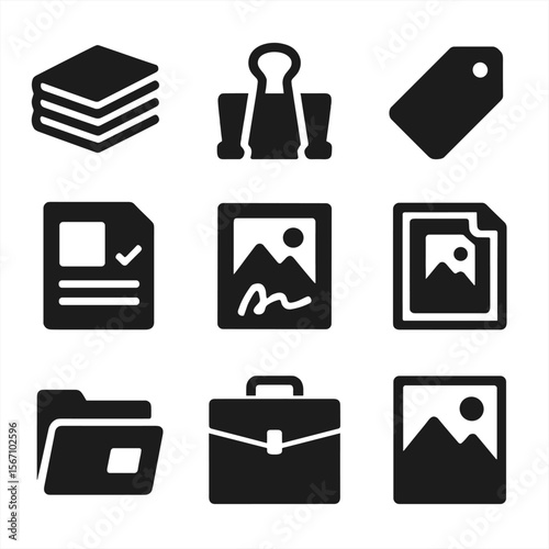 Portfolio Icon Set. Solid, filled icons set of portfolio creation and organization: sketchbook stack, binder