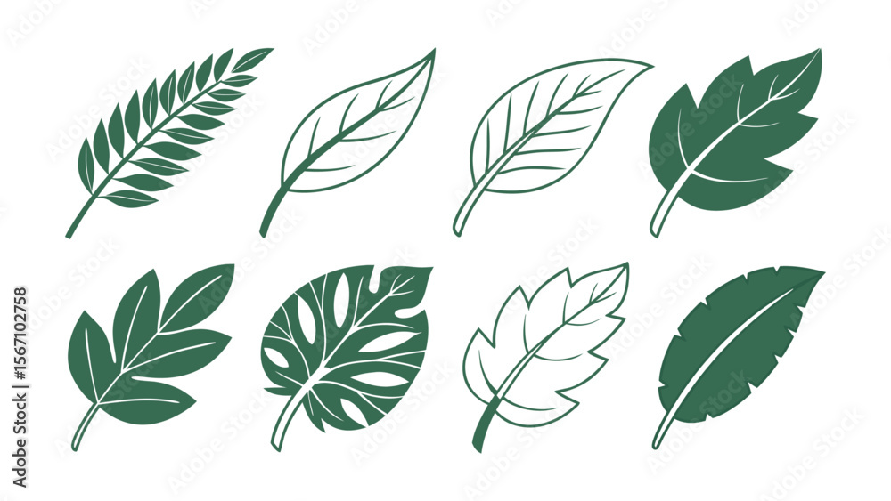 Modern vector illustration featuring a grid of various green leaf icons, Set of green leaf icons. Leaves of trees and plants, Elements design for natural, eco, bio, vegan labels, easily editable