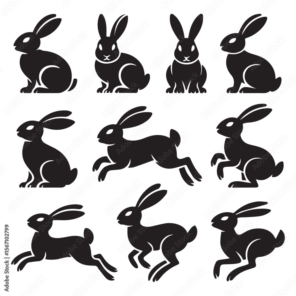 Fototapeta premium Collection of nine black silhouette rabbits in various poses on a white background