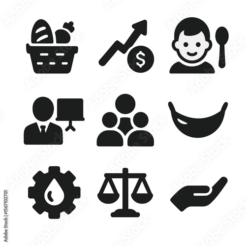 Poverty Reduction Icons. Solid, filled icons set of poverty reduction strategies: food basket, income arrow,