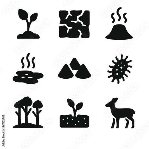 Volcanic Ecology Icons. Solid, filled icon set of volcanic ecology: pioneer plants, lava field, geothermal vent, hot spring,