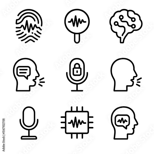 Voice Tech Icon Set. Solid, filled icon set of voice recognition technology: fingerprint voice print, waveform analysis, neural