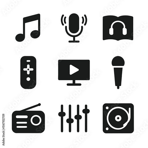 Voice-Activated Icons Set. Solid, filled icon set of voice-activated entertainment: music notes, podcast microphone, audiobook,
